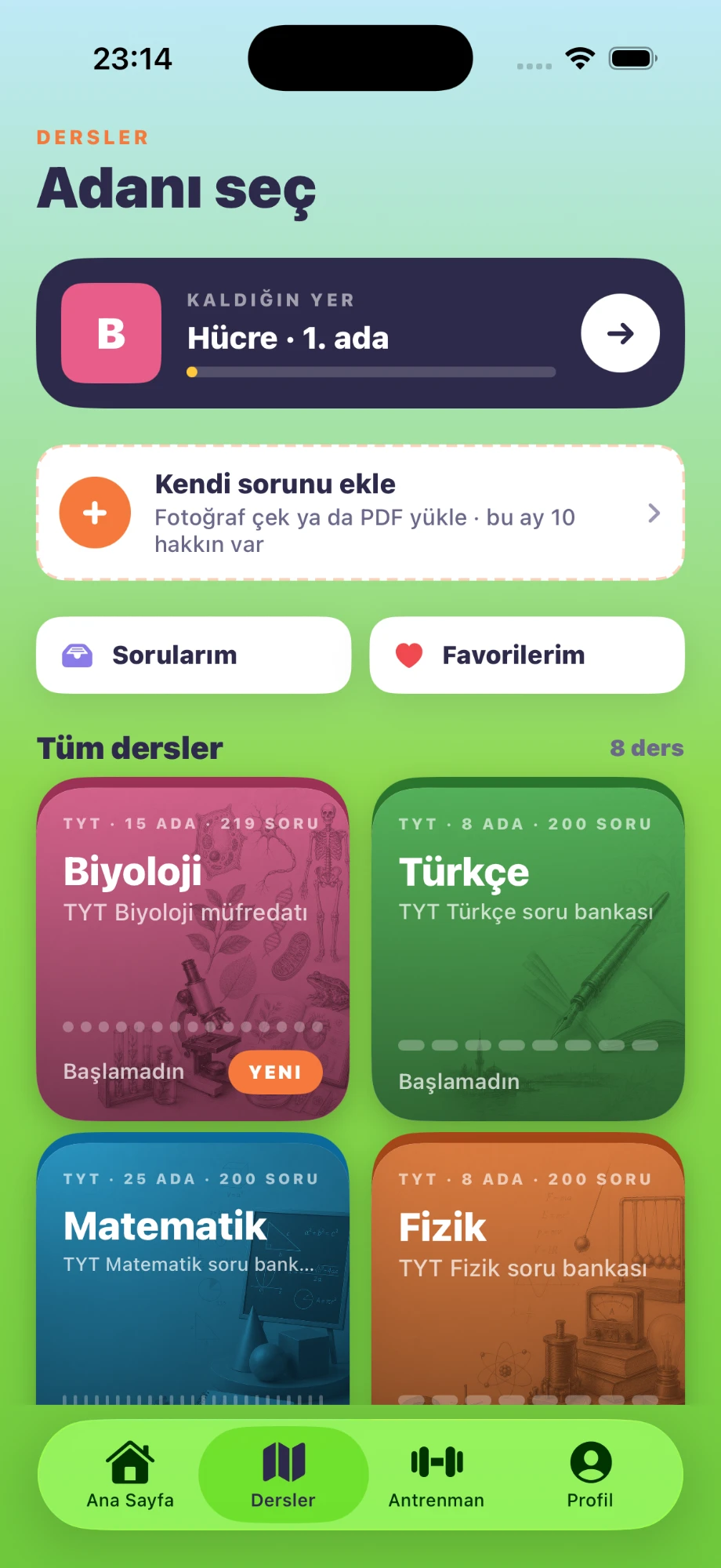 Netio ekranında AYT dersleri için ada tabanlı ilerleme