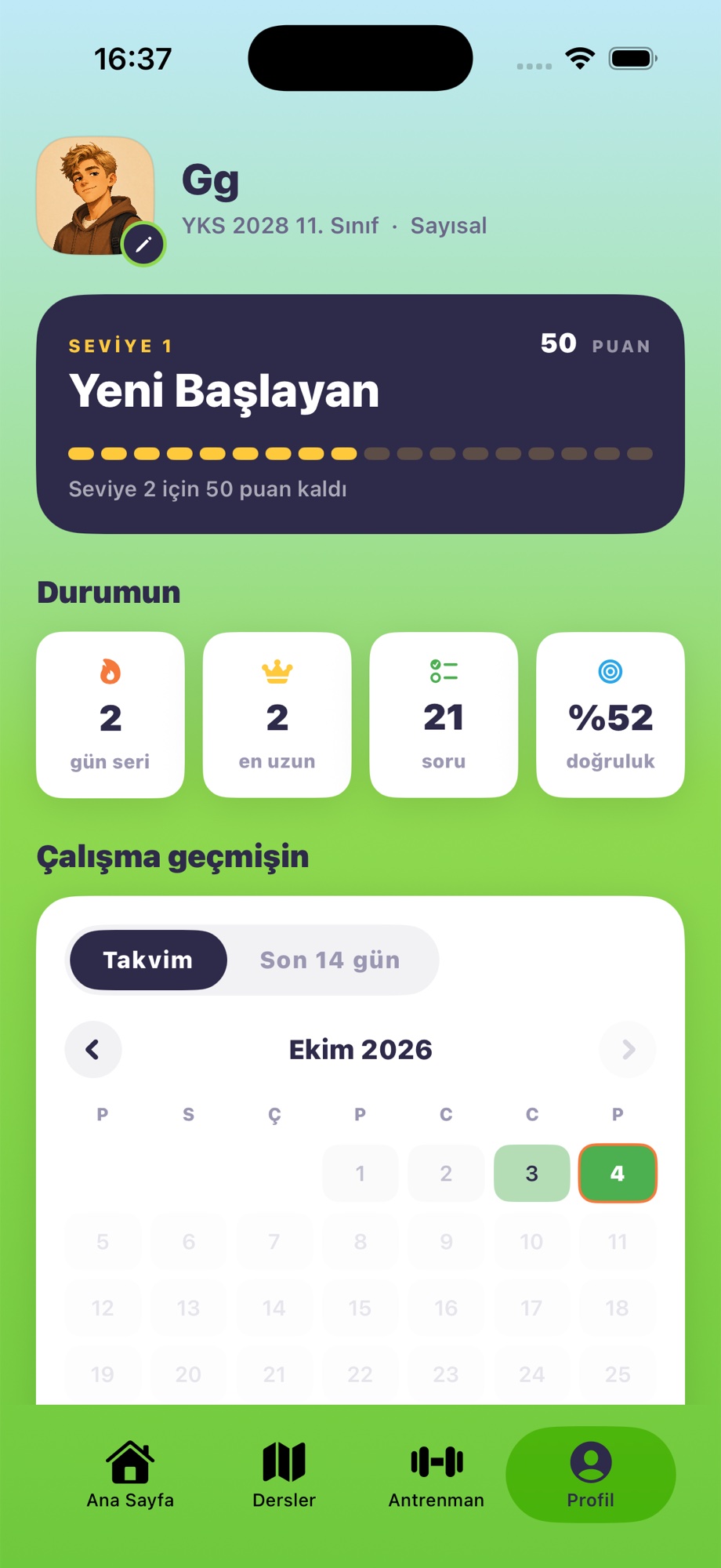 Netio profil ekranında çalışma geçmişi ve ilerleme bilgileri